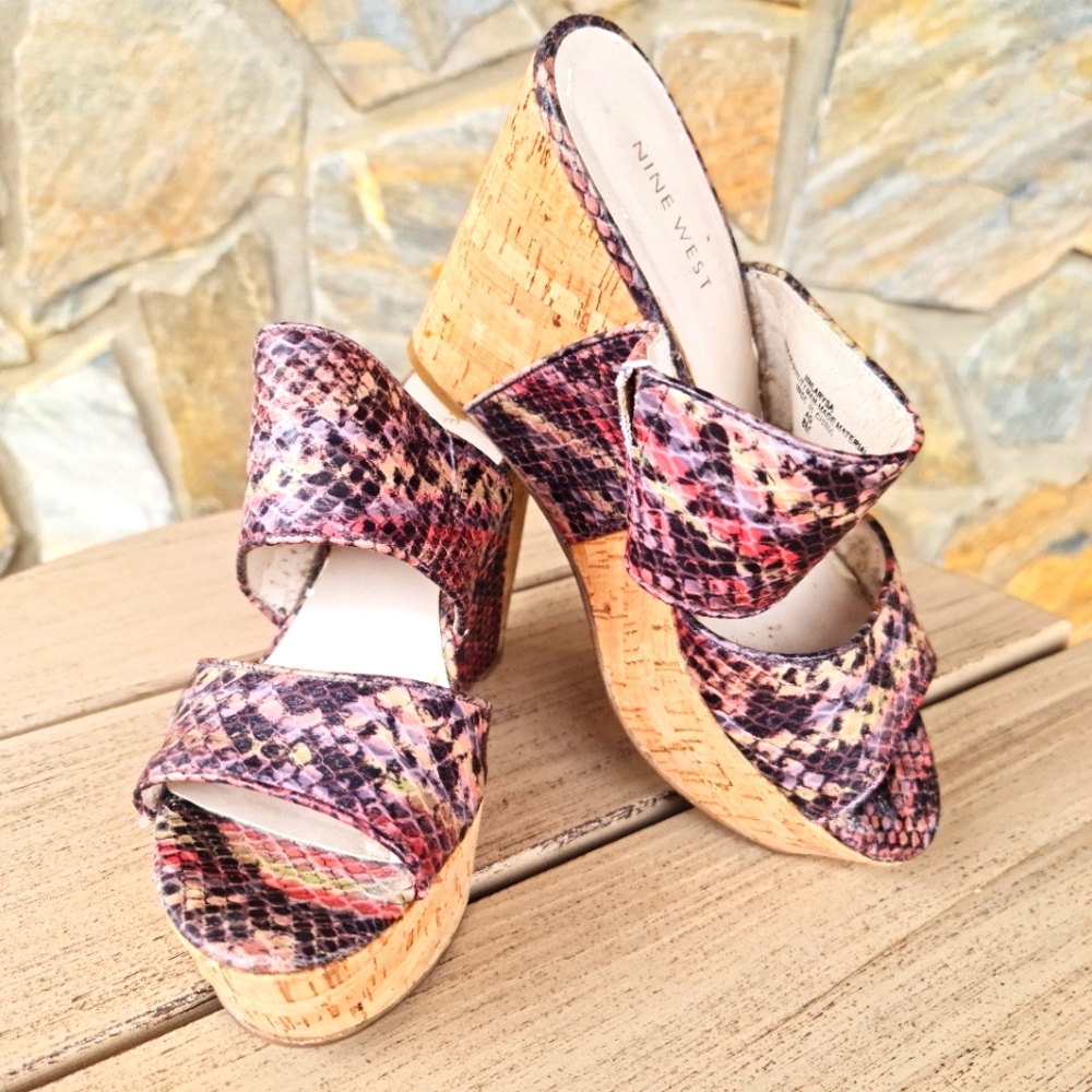 NINE WEST Pink Black Snake Skin Print Cork Platform Double Strap Open-Toe 8M